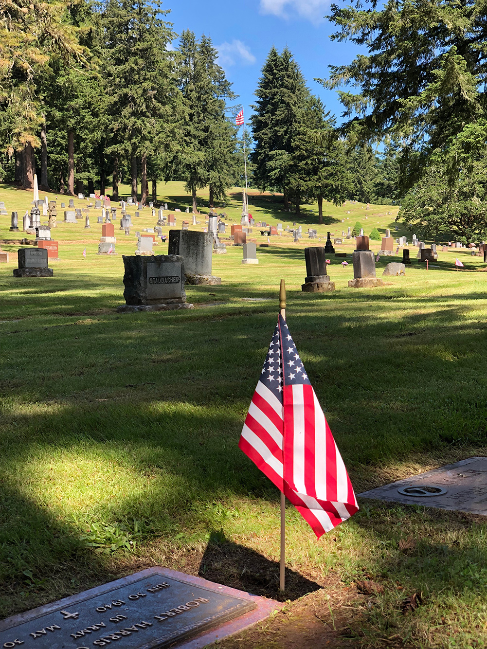 fir_grove photo of a flag near gravestones in a cemetery